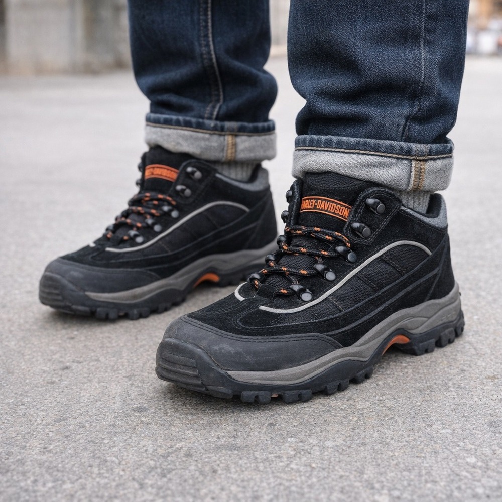 Harley-Davidson Womens Black Suede Mid Top Hiking Boots Size 8 81455 Orange Trim - Picture 1 of 8